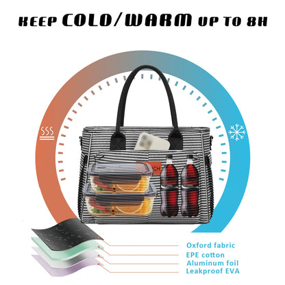 Holuxer Large Lunch Bag for Women, Insulated Lunchbox for Work, Leakproof Cooler Purse with Side Pockets & Removable Shoulder Strap Womens Lunch Tote Bag for Picnic Beach Cute Lunch Bags, Stripe
