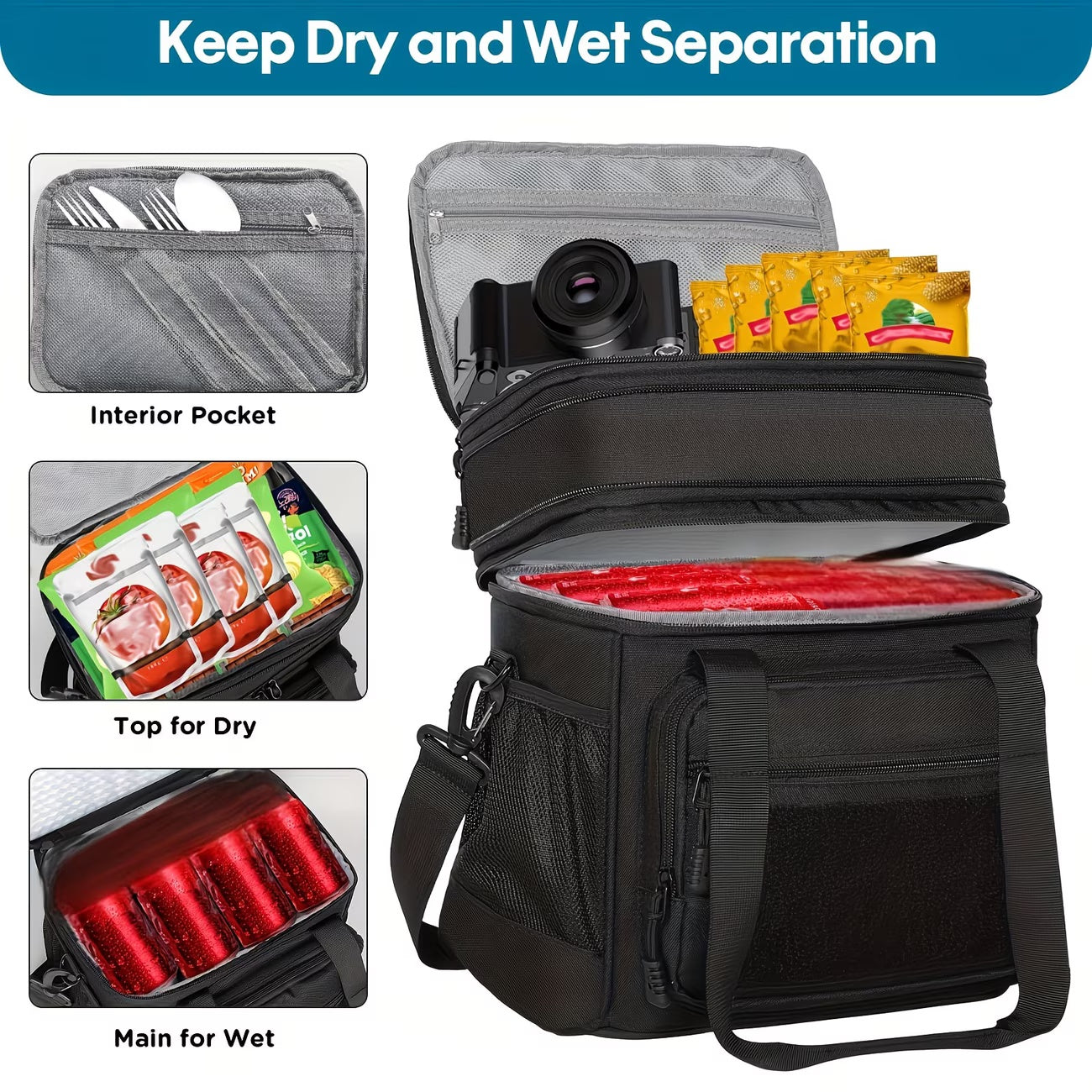 Holuxer Large Lunch Box for Men, Insulated Adult Lunchbox Bag, Expandable Lunchbox Leakproof Waterproof Cooler Bags, Tactical Lunch Pail for Work Office Camping Travel (Black)