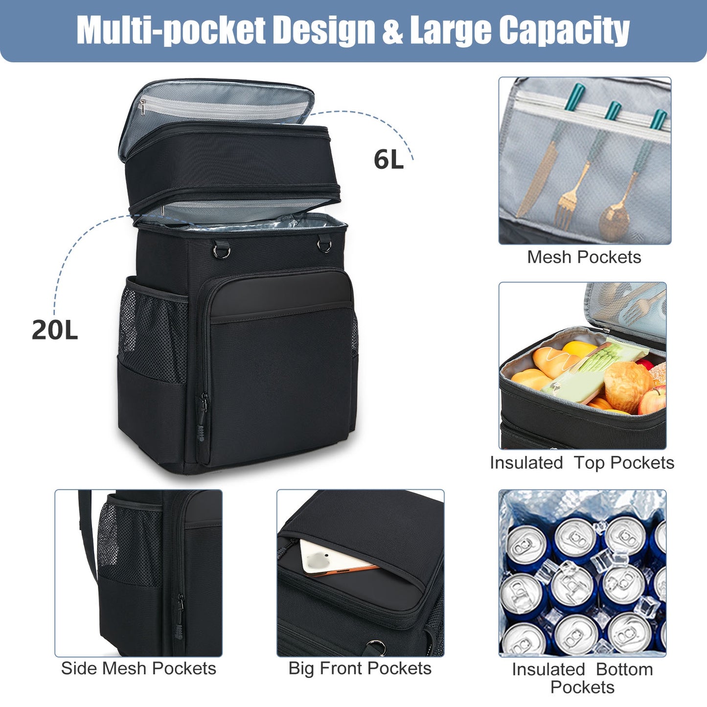 Holuxer Large Backpack Cooler for Men/Women, 30L Waterproof Leakproof Soft Cooler Backpacks, Expandable Lunch Back Pack, Heavy Duty Coolers Bags Rucksack, Portable Lunch Bag for Travel, Black