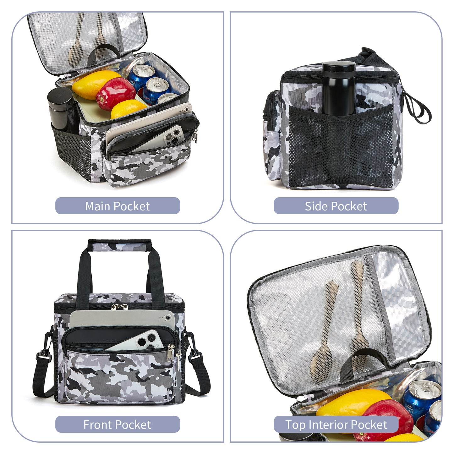 Holuxer Tactical Lunch Box for Men/Women, Insulated Lunch Bag for Woman Lunch Cooler Bags with Adjustable Shoulder Strap-Reusable Waterproof Leakproof Lunchbox for Work Picnic School, White-Camo