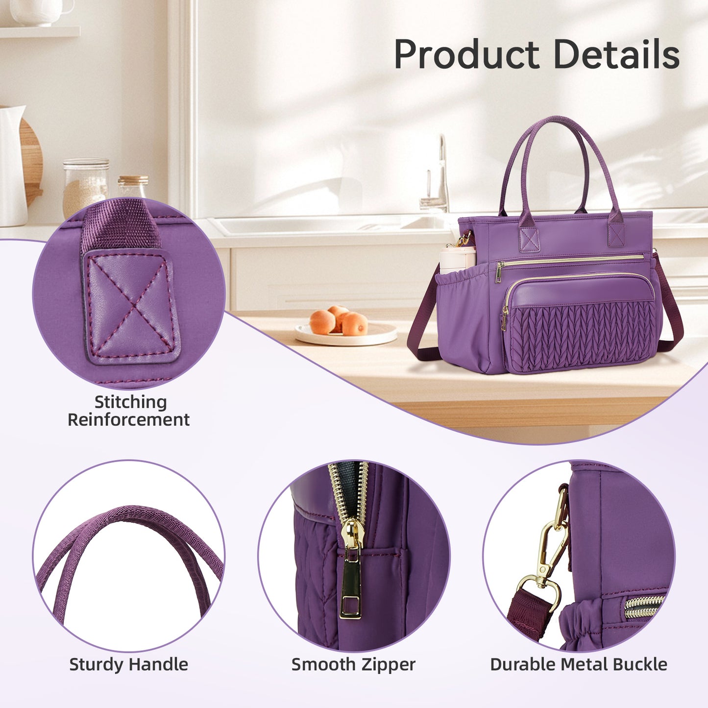 Holuxer Insulated Lunch Bag Women, 14L Adult Lunch Box Womens, Large Leakproof Cooler Bag for Work Picnic Beach, Reusable Lunch Tote Bag with Adjustable Shoulder Strap Cup Holder (Purple)