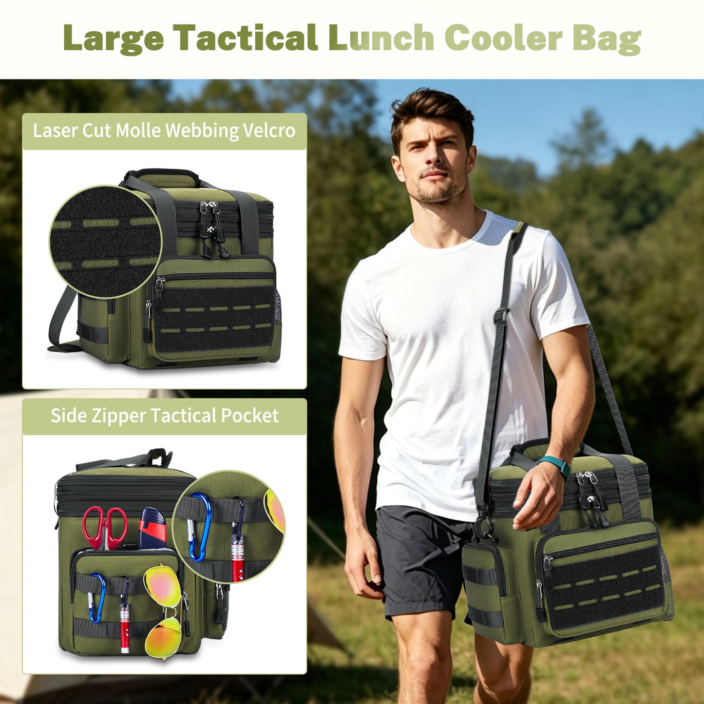 Holuxer Lunch Box for Men, 24 Can Double Deck Expandable Tactical Mens Lunch Bag for Work Travel Daytrip Picnic Camping, Large Capacity Cooler Bags with Adjustable Shoulder Strap, Green