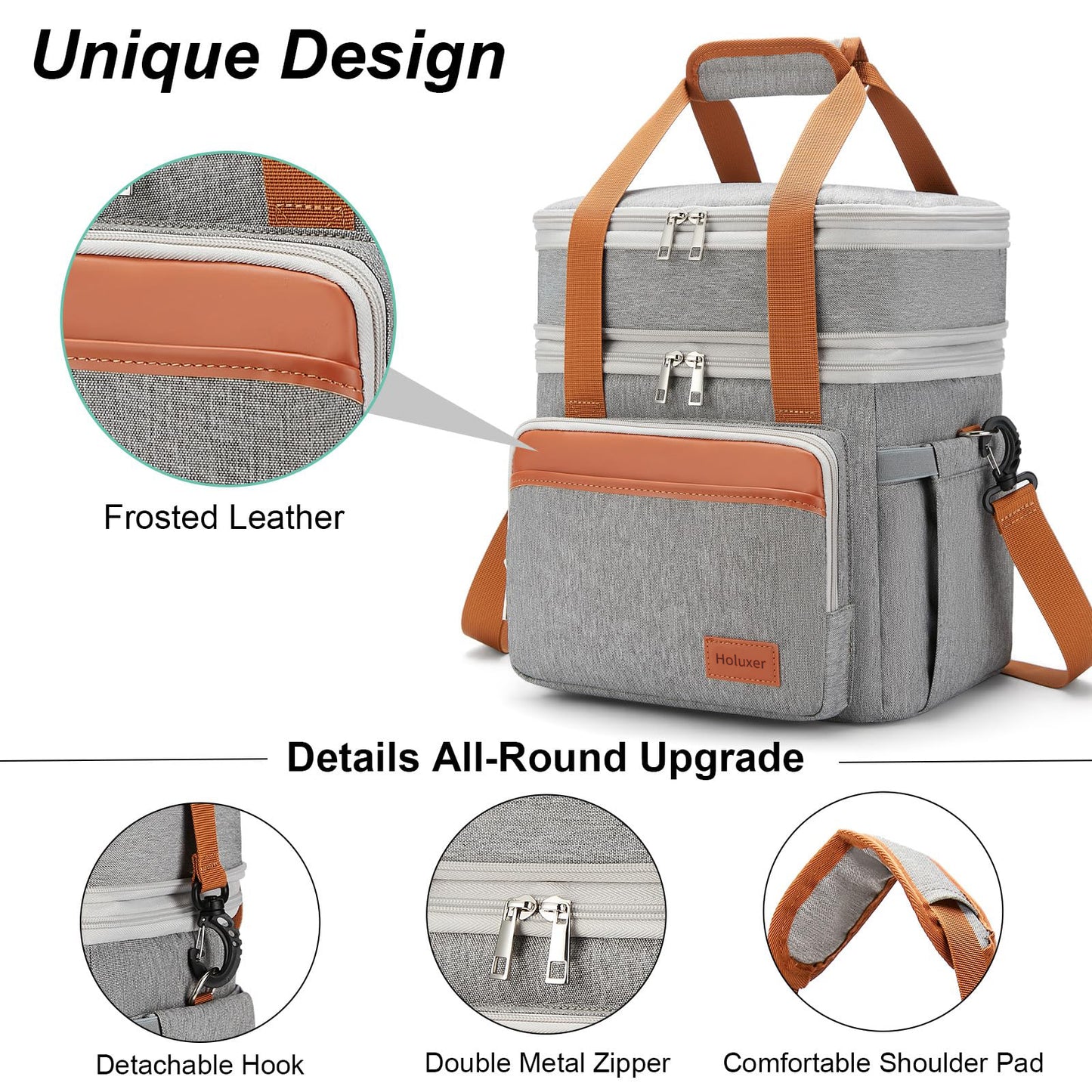 Holuxer Insulated Lunch Box for Men Lunch Bags, Expandable Large Lunchbox for Work Picnic Office, Outdoor Reusable Double Deck Coolers Tote for Adults Gray 15L