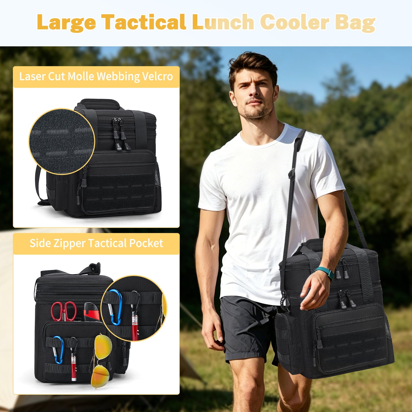 Holuxer Tactical Lunch Box for Men, Double Deck Expandable Mens Lunch Bag for Work Travel Daytrip Picnic Camping, Large Capacity Cooler Bags with Adjustable Shoulder Strap, Black