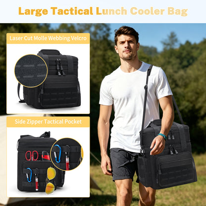 Holuxer Tactical Lunch Box for Men, Double Deck Expandable Mens Lunch Bag for Work Travel Daytrip Picnic Camping, Large Capacity Cooler Bags with Adjustable Shoulder Strap, Black