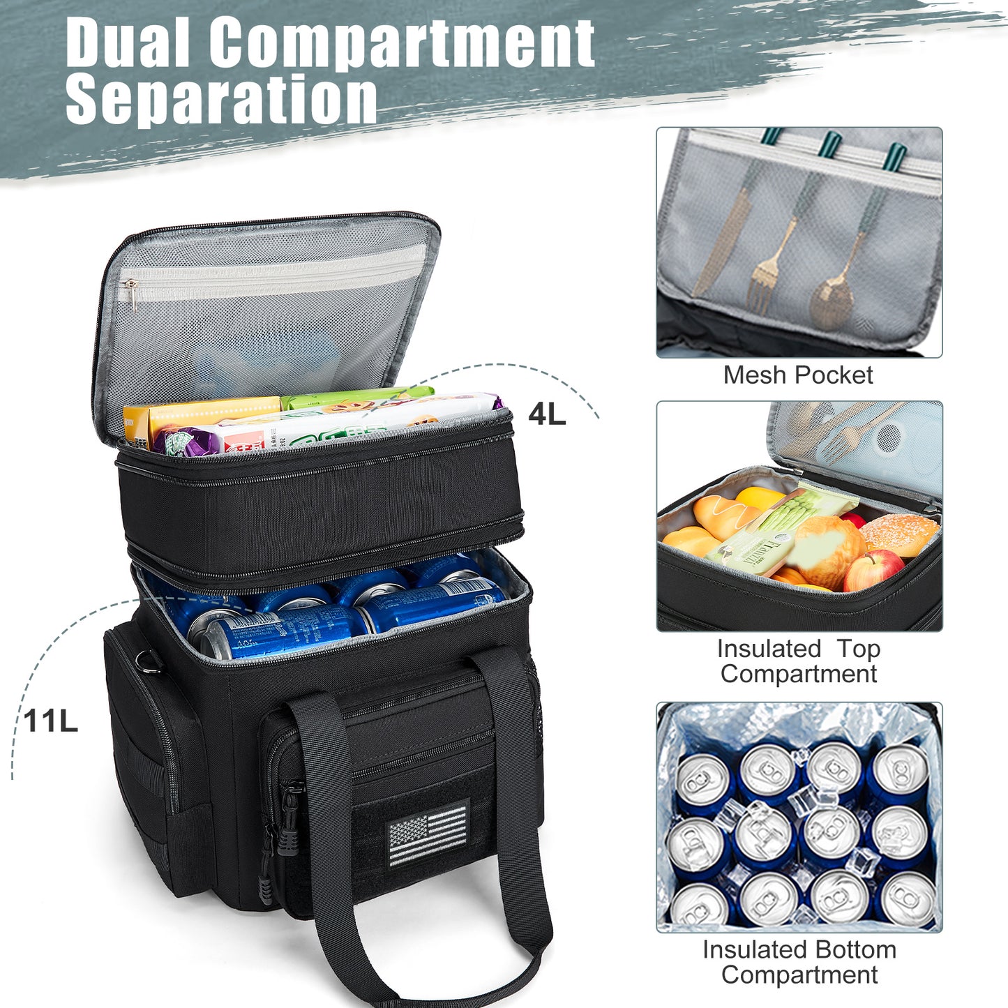 Holuxer Large Lunch Box for Men/Adults, Double Deck Expandable Camping Lunch Bags for Work Travel Daytrip Picnic Outdoor, Insulated Leakproof Cooler Bags with Flag Adjustable Shoulder Strap Black