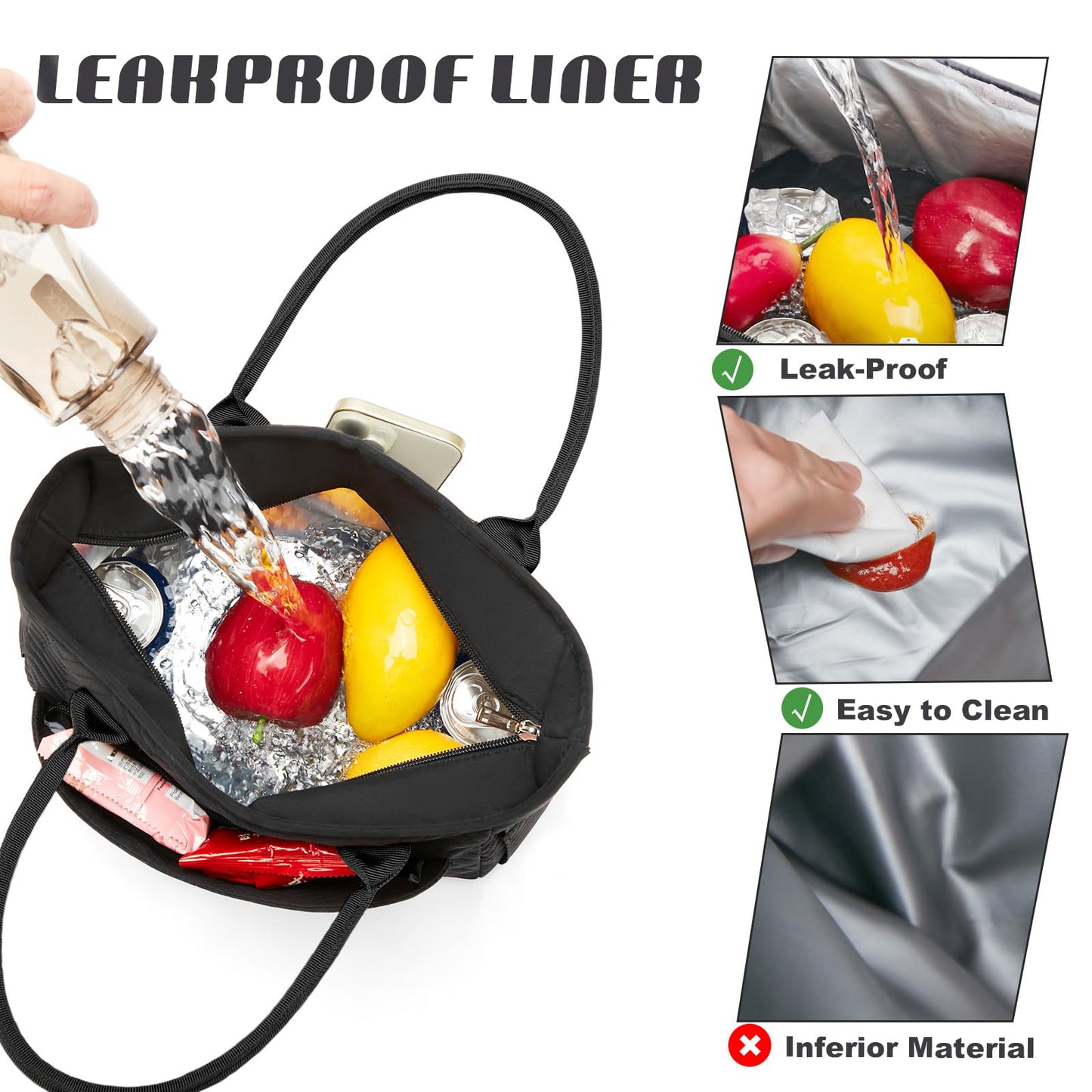 Holuxer Lunch Bags for Women, Insulated Lunch Box for Work, Large Leakproof Cooler Purse with Side Pockets & Removable Shoulder Strap Women's Lunch Tote Bag for Picnic Work Beach Lunch Bags, Black