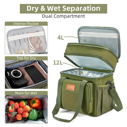 Holuxer Large Lunch Boxes for Men/Adults, Expandable Double-Deck Insulated Lunch Bag with Shoulder Strap, Soft Leakproof Cooler Bags for Work Outdoor Picnic Trips, 20 Can/16L, Green, Mesh