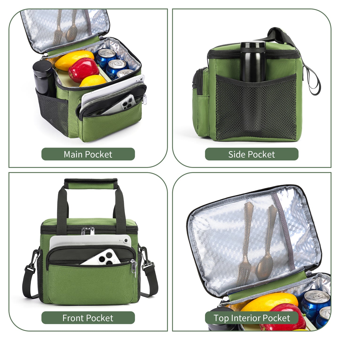 Holuxer Tactical Lunch Box for Men/Women, Insulated Lunch bag for Work Lunch Cooler Bags with Adjustable Shoulder Strap - Reusable Waterproof Leakproof Large Lunchbox for Beach Picnic School, Green
