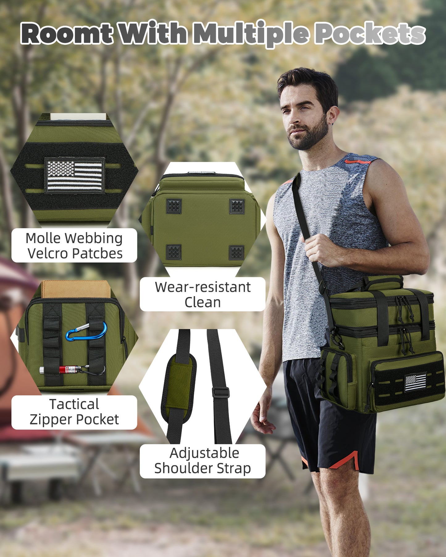 Holuxer Tactical Lunch Box & Lunch Bag for Men - Large Double Deck Insulated Adult Lunchbox for Work - Soft Expandable Lunch Cooler Bag for Beach Picnic Camping Outdoor Travel (Green,16L)