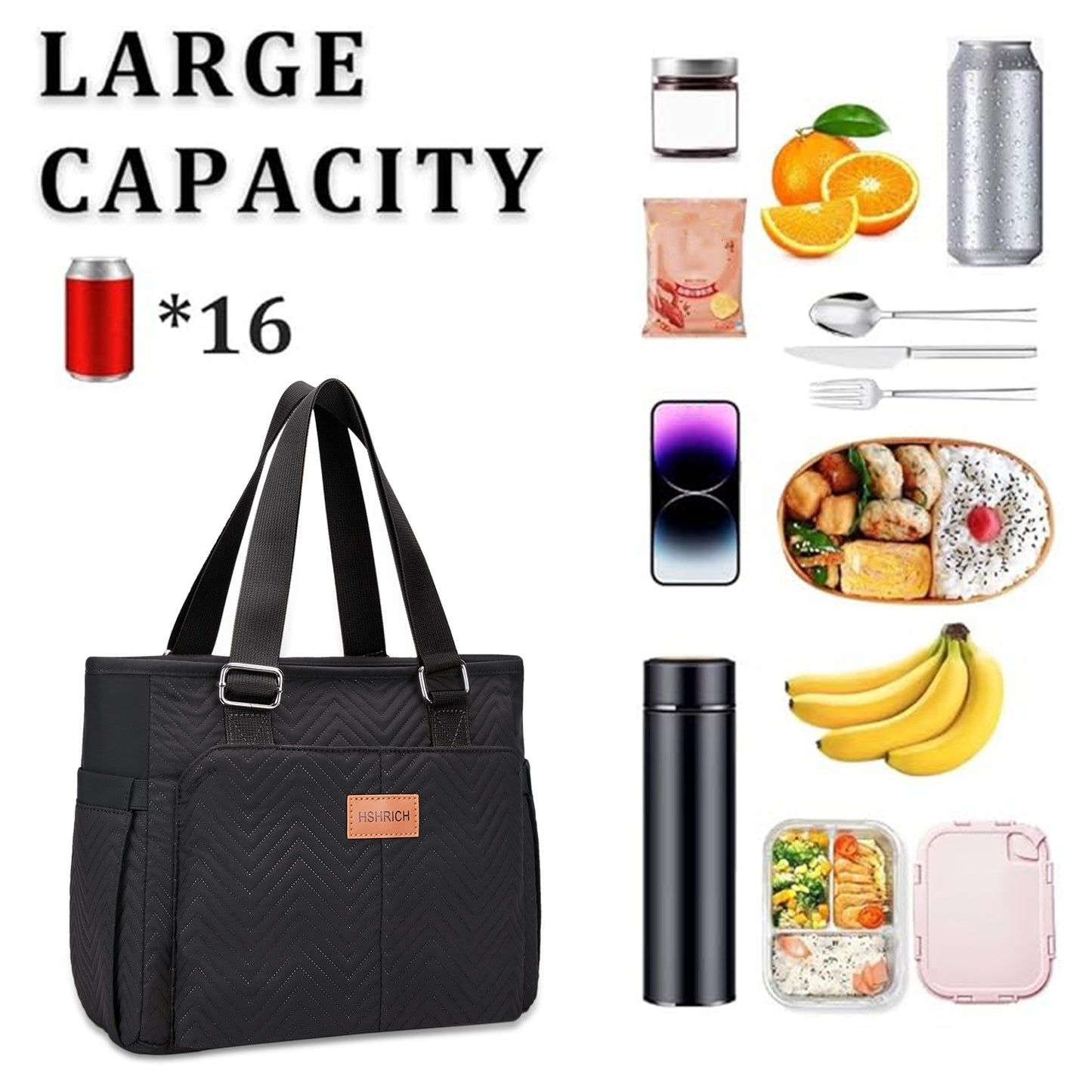 Holuxer Insulated Lunch Box for Women, 12L Lunch Totes Oxford Handbags, Leakproof Shoulder Bags, Fashion Tote Cooler Bag with Storage Front Pocket for Work Picnic, Black