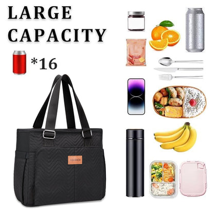Holuxer Insulated Lunch Box for Women, 12L Lunch Totes Oxford Handbags, Leakproof Shoulder Bags, Fashion Tote Cooler Bag with Storage Front Pocket for Work Picnic, Black