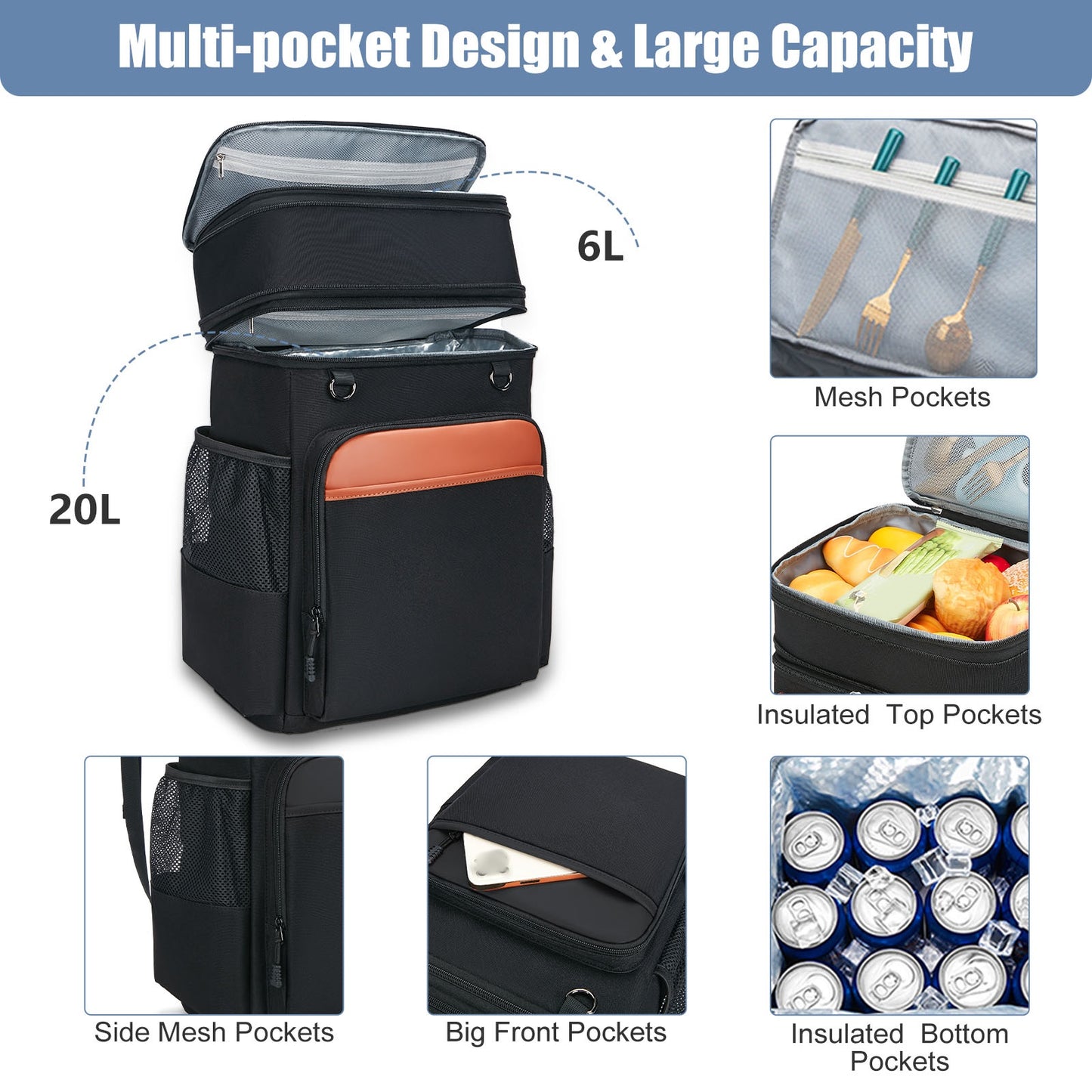 Holuxer Insulated Cooler Backpack, 30L Waterproof Leakproof Soft Coolers Lunch bags for Men, Large Expandable Back Pack, Heavy Duty Cooler Backpacks, Fashion Rucksack for Outdoor, Camping