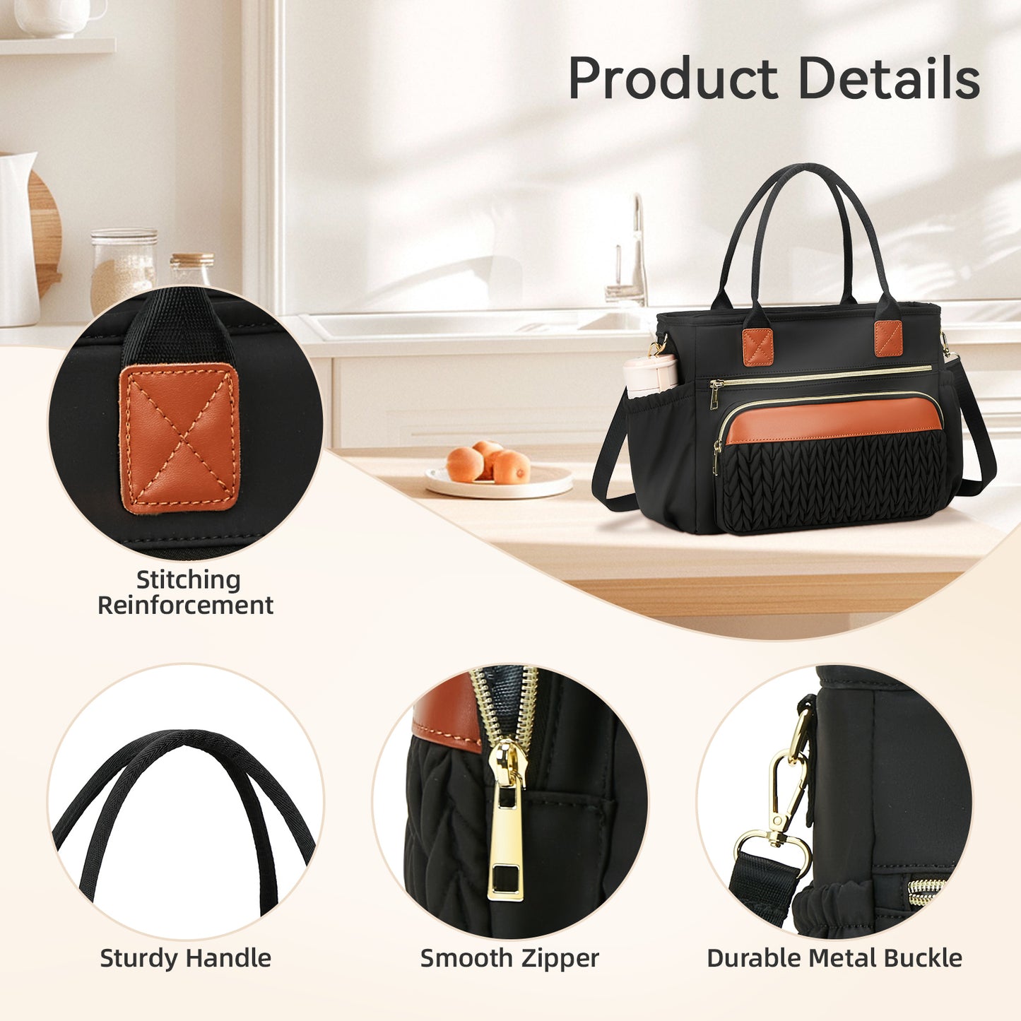 Holuxer Large Lunch Bag for Women 14L Insulated Lunch Box for Work, Freezable Leakproof Cooler Tote Bags with Shoulder Strap, 1 Count (Black Brown)