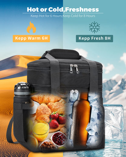 Holuxer Insulated Lunch Box for Men, Double Deck Reusable Lunch Bags for Women Tote Cooler Bag Leakproof Soft Expandable, Large Lunchbox for Work/Adult/Picnic/Outdoor Black-15L
