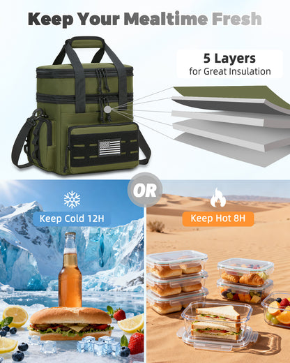 Holuxer Tactical Lunch Box & Lunch Bag for Men - Large Double Deck Insulated Adult Lunchbox for Work - Soft Expandable Lunch Cooler Bag for Beach Picnic Camping Outdoor Travel (Green,16L)