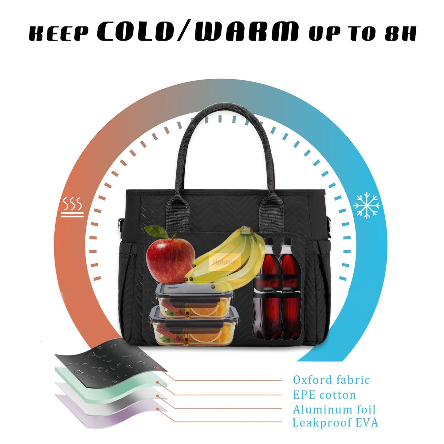 Holuxer Lunch Bags for Women, Insulated Lunch Box for Work, Large Leakproof Cooler Purse with Side Pockets & Removable Shoulder Strap Women's Lunch Tote Bag for Picnic Work Beach Lunch Bags, Black