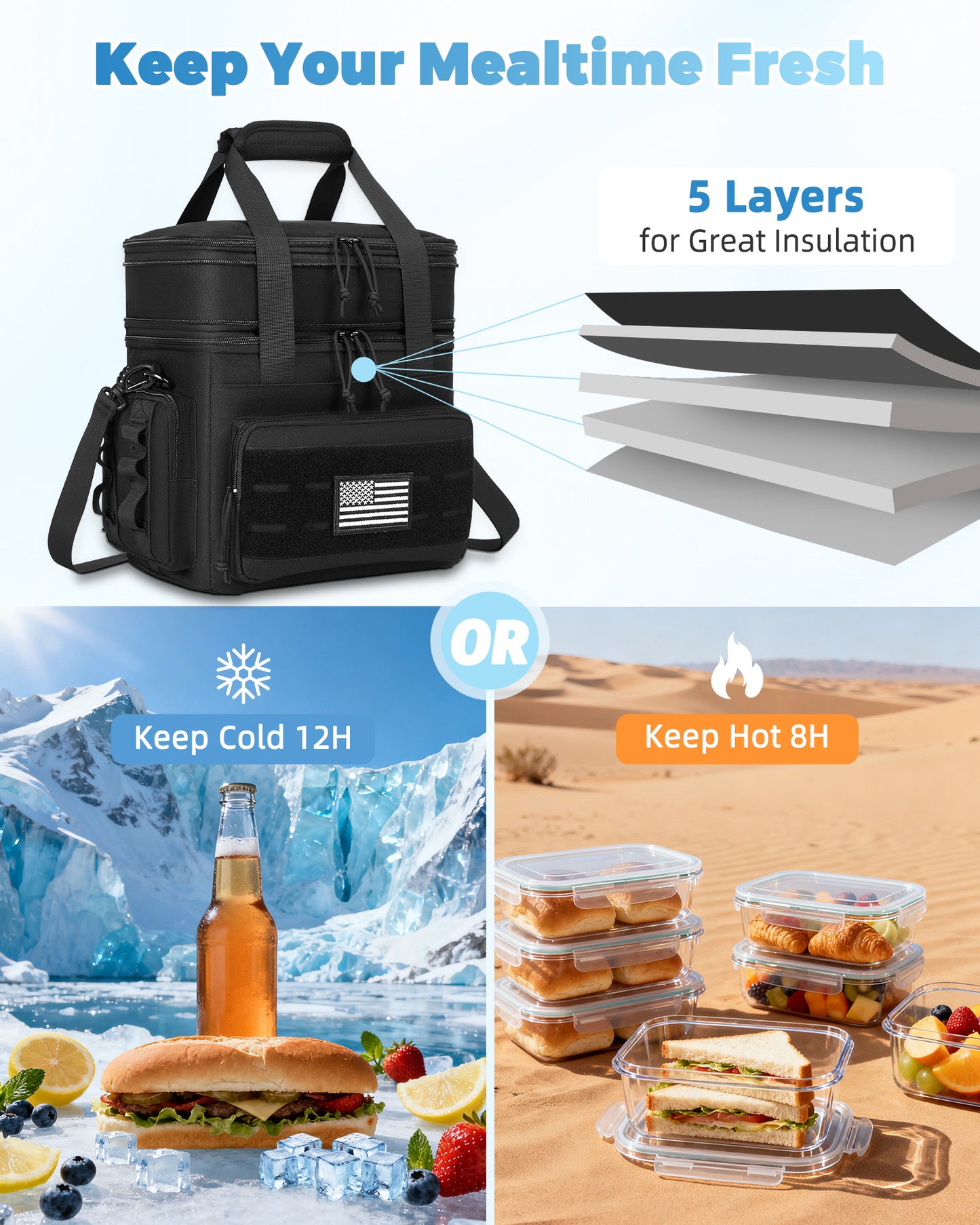 Holuxer Insulated Lunch Bag & Lunch Box for Men/Women - Double Deck Expandable Tactical Lunch Cooler Bags for Work - Soft Adult Lunchbox for Outdoor Beach Picnic Camping Travel (Black,16L)