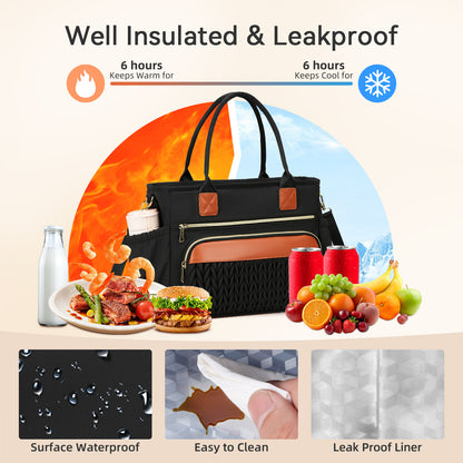 Holuxer Large Lunch Bag for Women 14L Insulated Lunch Box for Work, Freezable Leakproof Cooler Tote Bags with Shoulder Strap, 1 Count (Black Brown)