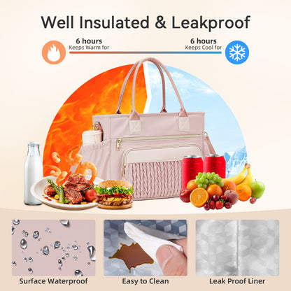 Holuxer Insulated Lunch Bag Women, Adult Lunchbox Womens, Large Leakproof Cooler Bag for Work Picnic Beach, Reusable Lunch Tote Bags with Adjustable Shoulder Strap Cup Holder (Pink)