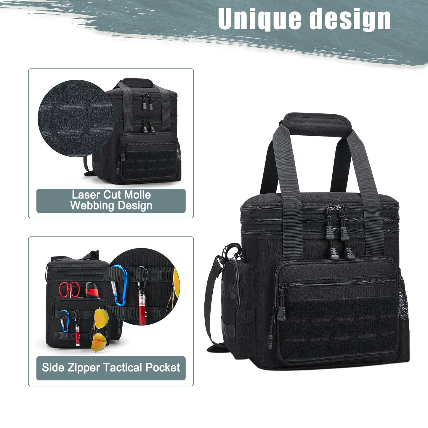 Holuxer Insulated Tactical Lunch Box for Men, 24 Can Double Deck Expandable Lunch Bag for Work Travel Daytrip Picnic Camping, Large Fashion Cooler Bags with Adjustable Shoulder Strap Organizer Black