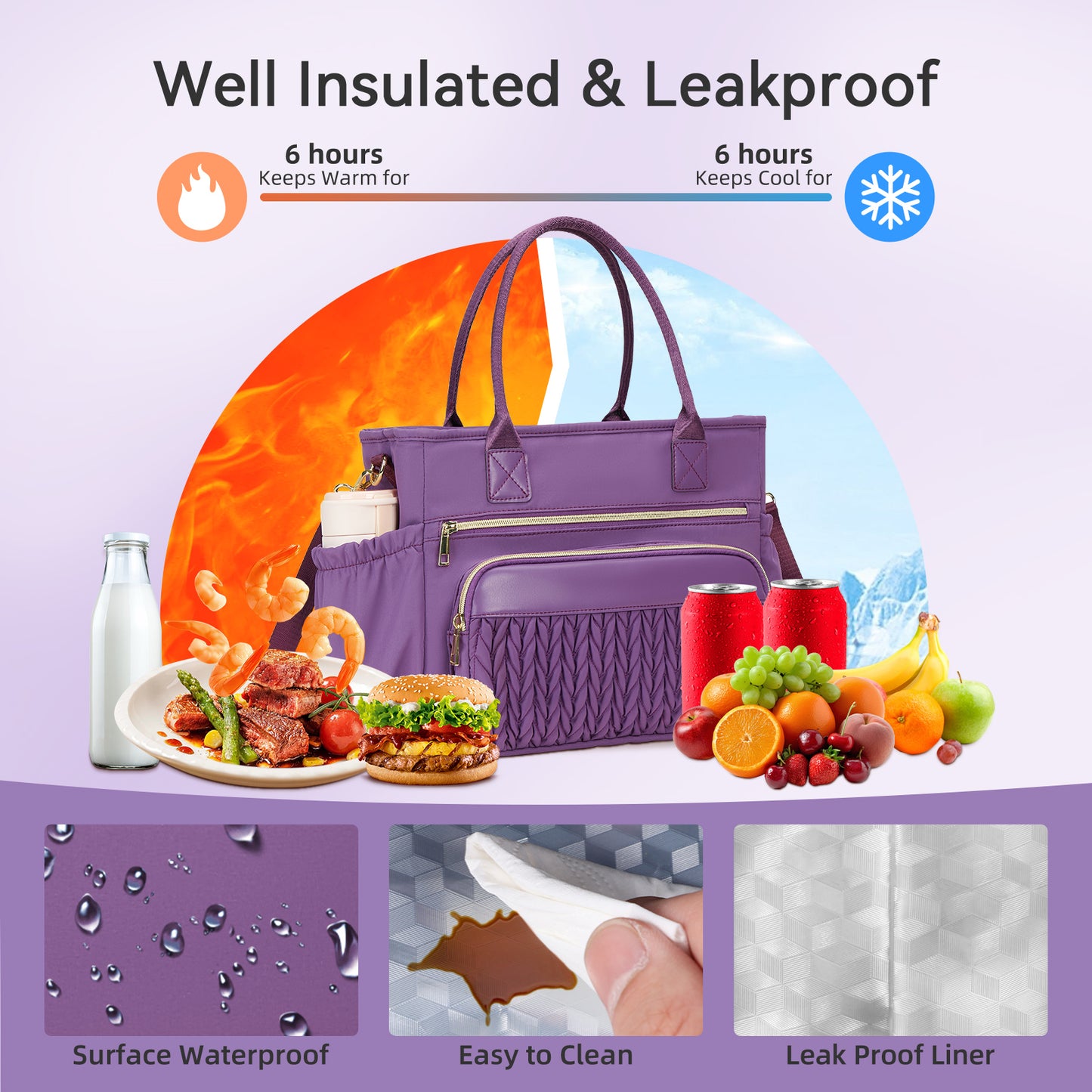 Holuxer Insulated Lunch Bag Women, 14L Adult Lunch Box Womens, Large Leakproof Cooler Bag for Work Picnic Beach, Reusable Lunch Tote Bag with Adjustable Shoulder Strap Cup Holder (Purple)