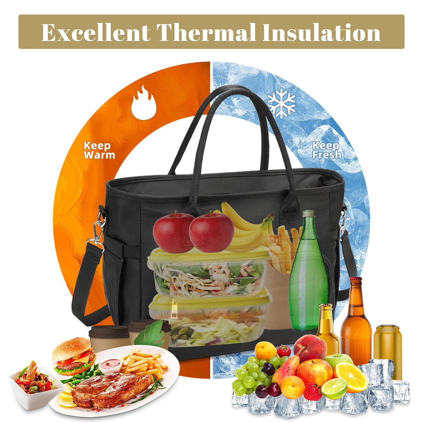 Holuxer Insulated Lunch Bag for Women, Fashion Handbag Lunch Tote Box, Reusable Thermal Cooler Bags with Shoulder Strap, Leakproof Storage Pockets for Working Shopping Picnic 12L, Black