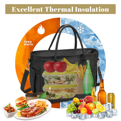 Holuxer Insulated Lunch Bag for Women, Fashion Handbag Lunch Tote Box, Reusable Thermal Cooler Bags with Shoulder Strap, Leakproof Storage Pockets for Working Shopping Picnic 12L, Black
