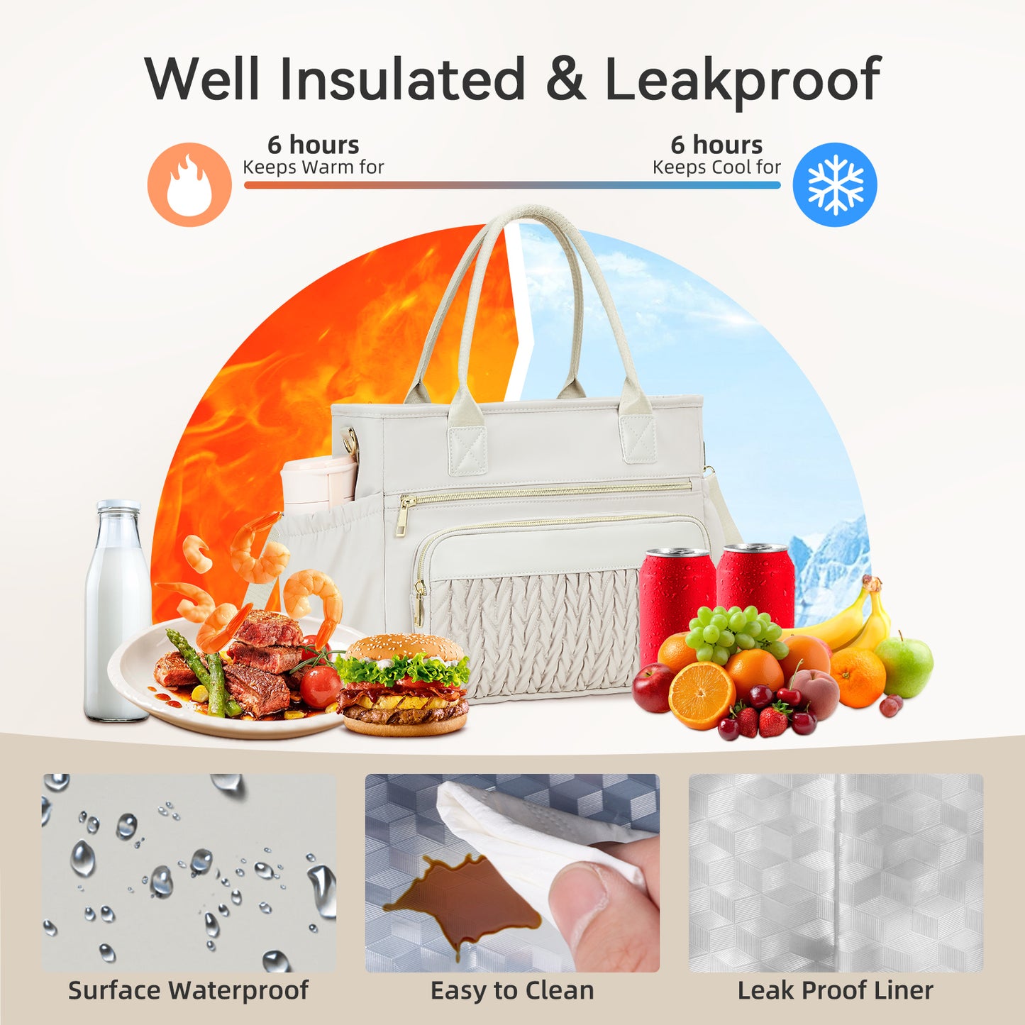Holuxer Insulated Lunch Bag for Women Lunch Tote Bags for Work Adult Large Leakproof Cooler Bag for Picnic Beach, Reusable Lunch Box Purse with Adjustable Shoulder Strap Cup Holder (14L, Gray)