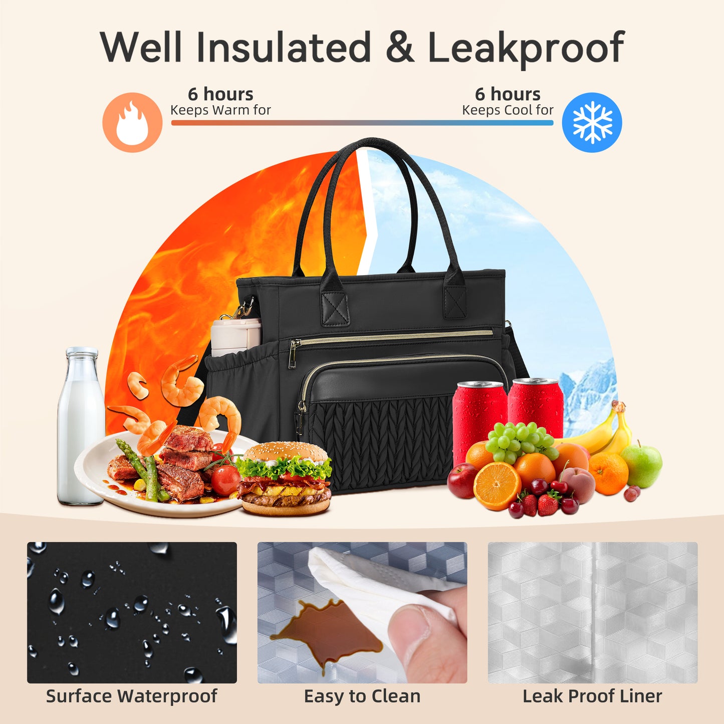 Holuxer Large Lunch Bag for Women Adult Lunchbox Purse for Work, 14L Leakproof Cooler Lunchbag Box for Woman Picnic Beach, Insulated Tote Bags (Black)