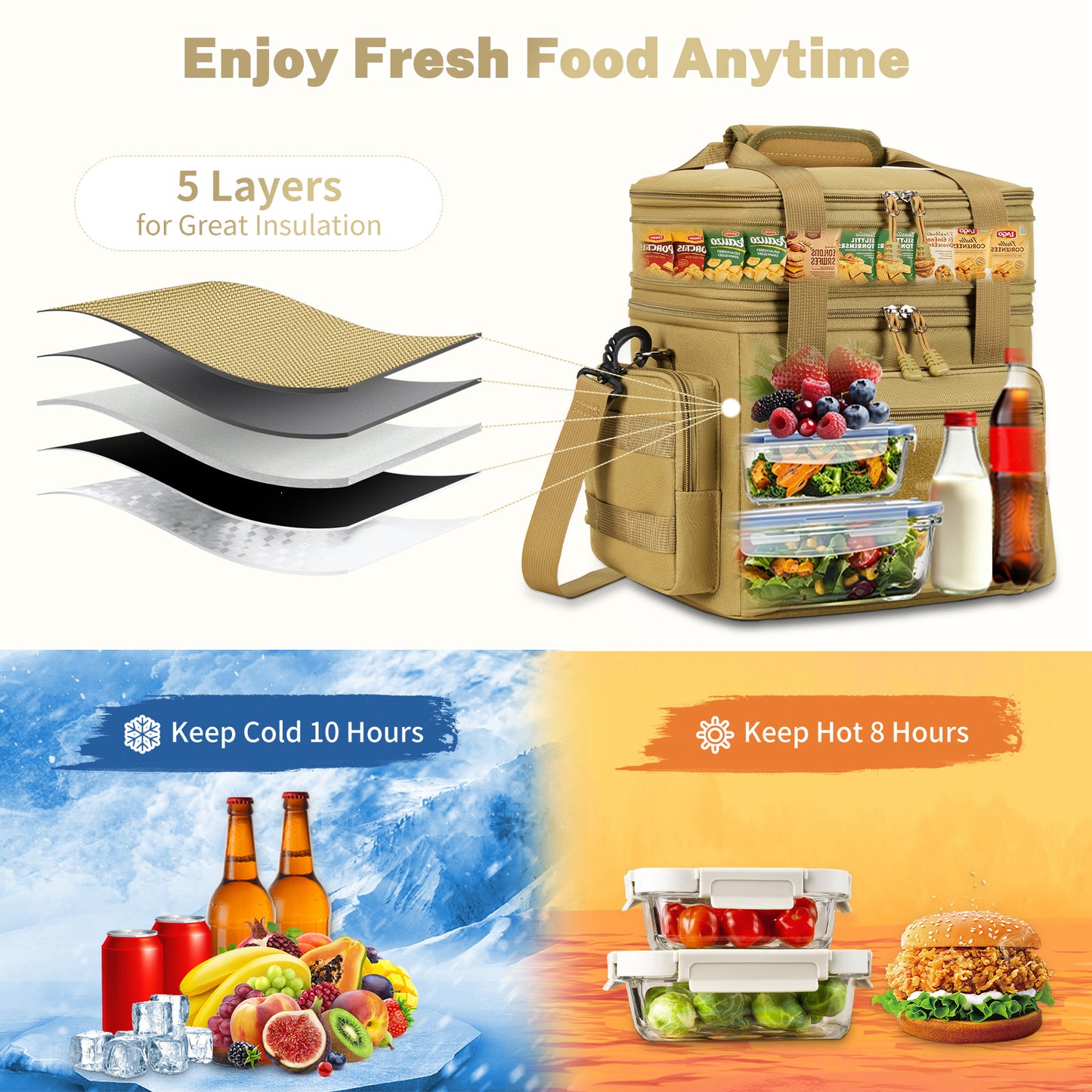 Holuxer Lunch Box for Men, 24 Can Double Deck Expandable Tactical Mens Lunch Bag for Work Travel Daytrip Picnic Camping, Large Capacity Cooler Bags with Adjustable Shoulder Strap, Brown