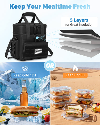 holuxer Tactical Lunch Bag & Lunch Box for Men - Large Double Deck Expandable Insulated Soft Adult Lunchbox for Work - Cooler Bag for Beach, Picnic, Camping,Outdoor，Travel (Black,16L)