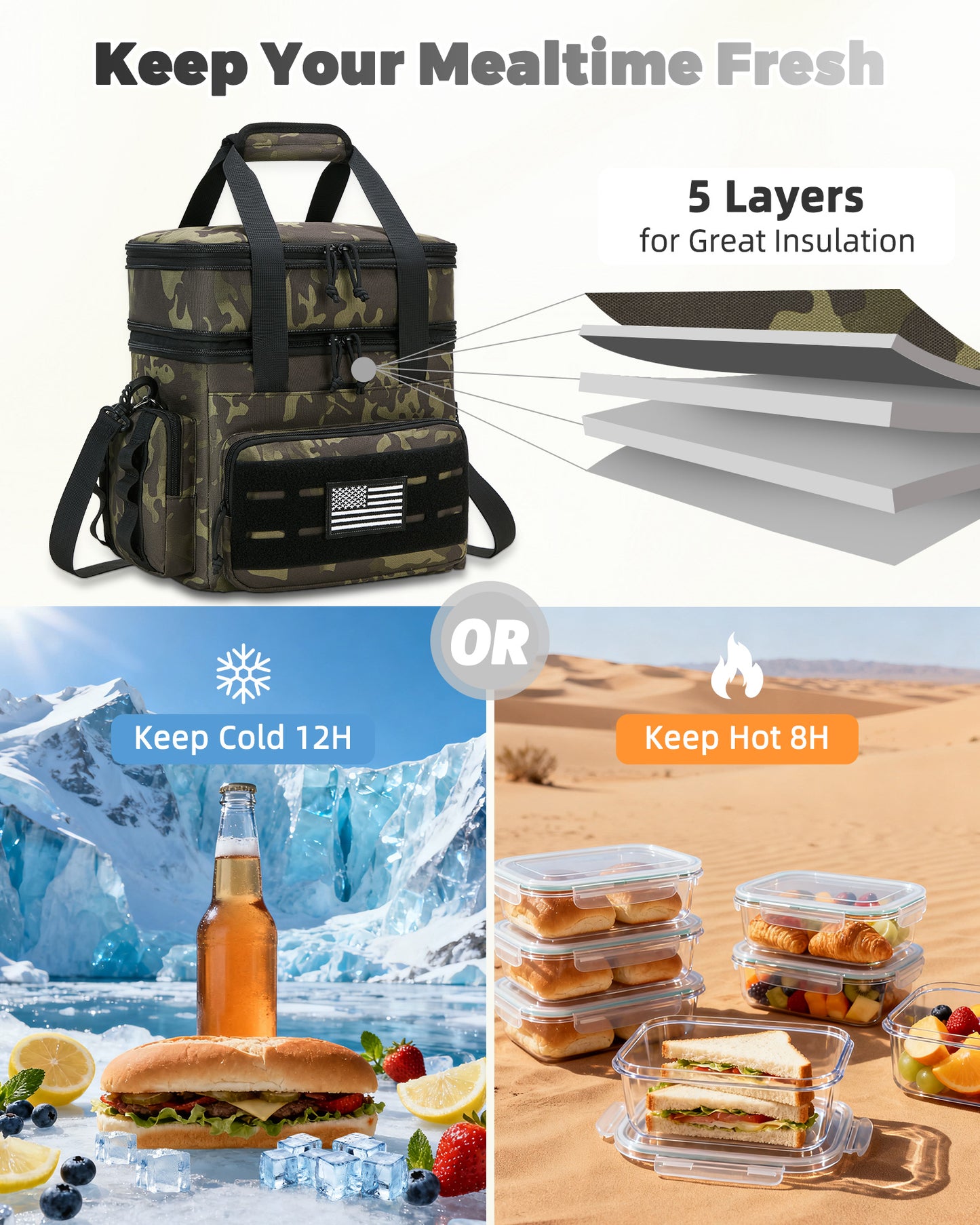 Holuxer Tactical Lunch Bag & Lunch Box for Men - Large Double Deck Insulated Adult Lunchbox for Work - Soft Expandable Lunch Cooler Bag for Beach Picnic Camping Outdoor Travel (Camo,16L)