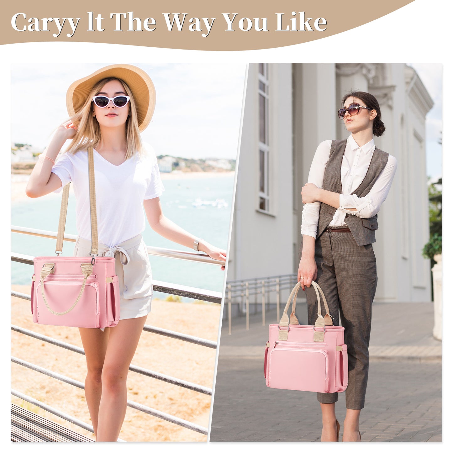 Holuxer Insulated Lunch Tote Bags for Women, Large Fashion Messenger Crossbody Shoulder Bag, Simple Ladies Cooler Purse Portable Leakproof Lunchbox Handbags for Work/Picnic (Pink 12L)