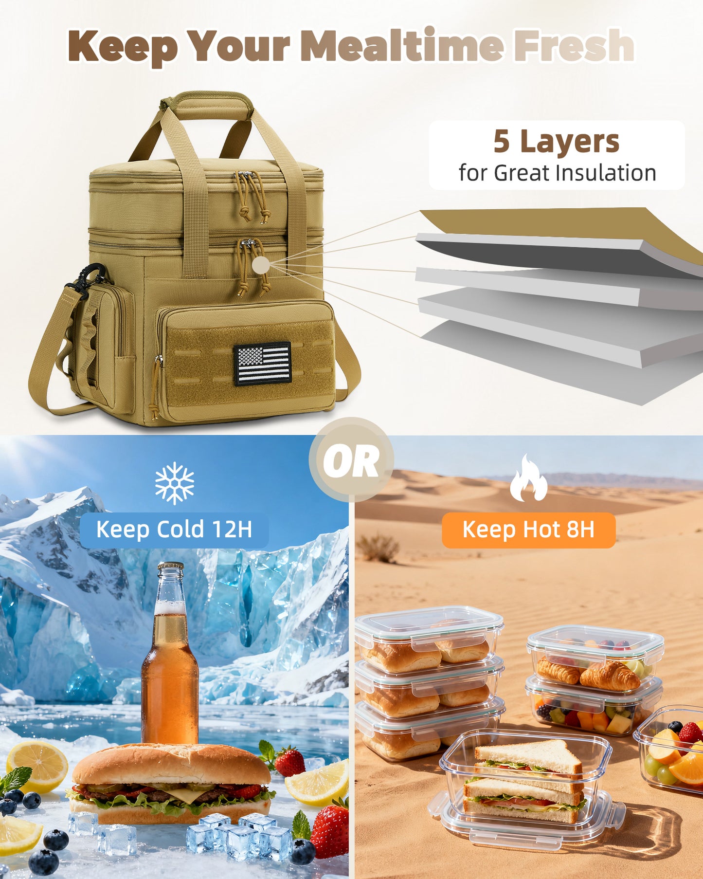 Holuxer Insulated Lunch Boxes for Men - Double Deck Lrage Lunch Bags for mens, Soft Adult Lunchbox for Work, Expandable Lunch Cooler Bag for Beach Picnic Camping Outdoor Travel (Brown,16L)