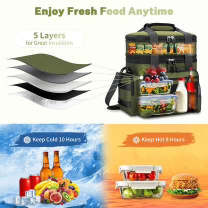 Holuxer Lunch Box for Men, 24 Can Double Deck Expandable Tactical Mens Lunch Bag for Work Travel Daytrip Picnic Camping, Large Capacity Cooler Bags with Adjustable Shoulder Strap, Green