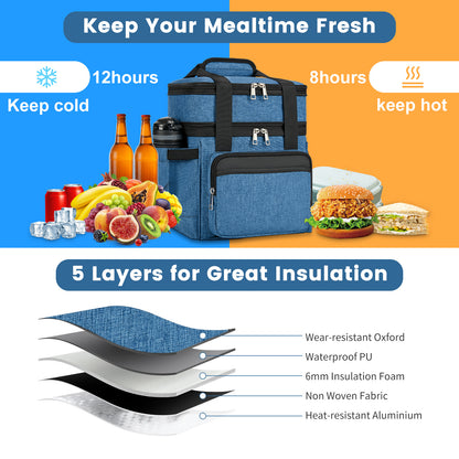 Holuxer Insulated Lunch Bags with Side Pocket for Women/Men-Double Deck Reusable Lunch Bag, Lunch Box Tote Cooler Bag Leakproof Soft Expandable-Large Lunchbox for Work/Adult/Picnic/Outdoor 15L-Blue