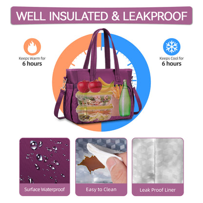 Holuxer Large Lunch box for Women, Insulated Lunch Tote Bag, Reusable Portable Woman Lunch Boxes, Leakproof Cooler Bags Weekender Pocket Fashion Lunchbox Handbags for Work Picnic Beach, Purple