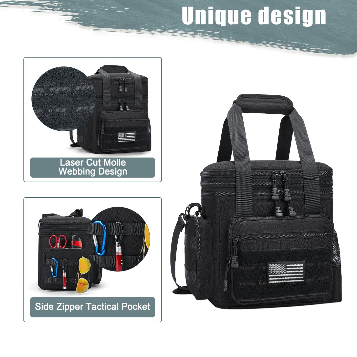 Holuxer Large Lunch Box for Men/Adults, Double Deck Expandable Camping Lunch Bags for Work Travel Daytrip Picnic Outdoor, Insulated Leakproof Cooler Bags with Flag Adjustable Shoulder Strap Black