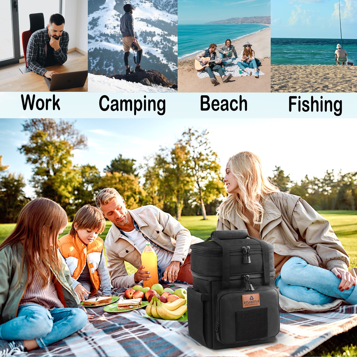 Holuxer Tactical Lunch Bags, Large Expandable Insulated Lunch Box, Durable Waterproof Leakproof Cooler Bag for Adults/Men/Women/Work Outdoor Beach Trips, 20 Cans/15 L, Black
