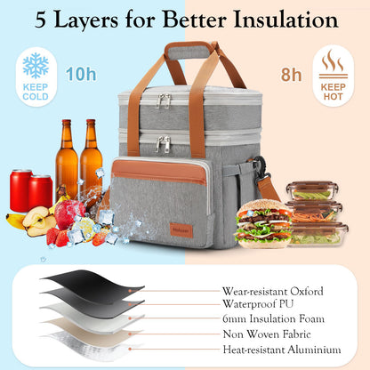 Holuxer Insulated Lunch Box for Men Lunch Bags, Expandable Large Lunchbox for Work Picnic Office, Outdoor Reusable Double Deck Coolers Tote for Adults Gray 15L