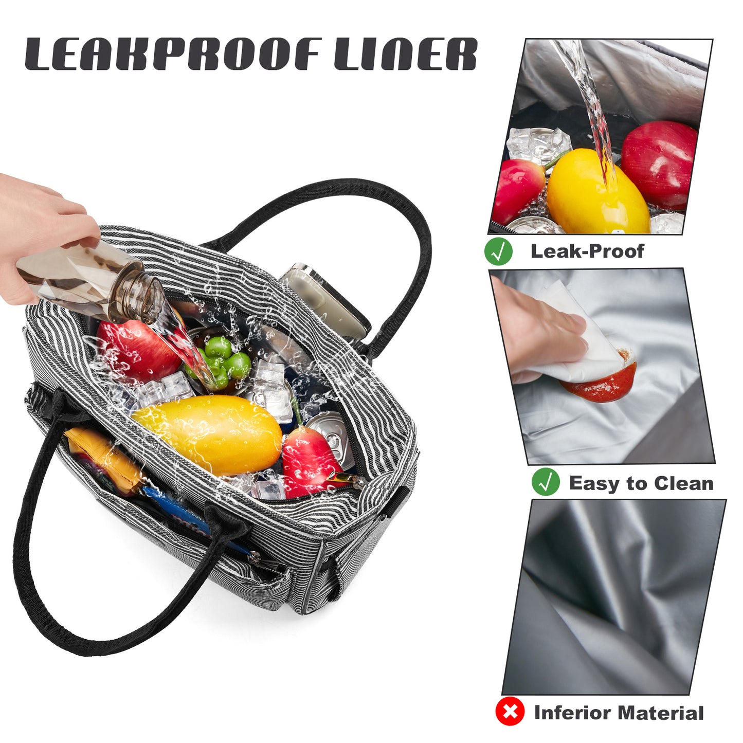 Holuxer Large Lunch Bag for Women, Insulated Lunchbox for Work, Leakproof Cooler Purse with Side Pockets & Removable Shoulder Strap Womens Lunch Tote Bag for Picnic Beach Cute Lunch Bags, Stripe
