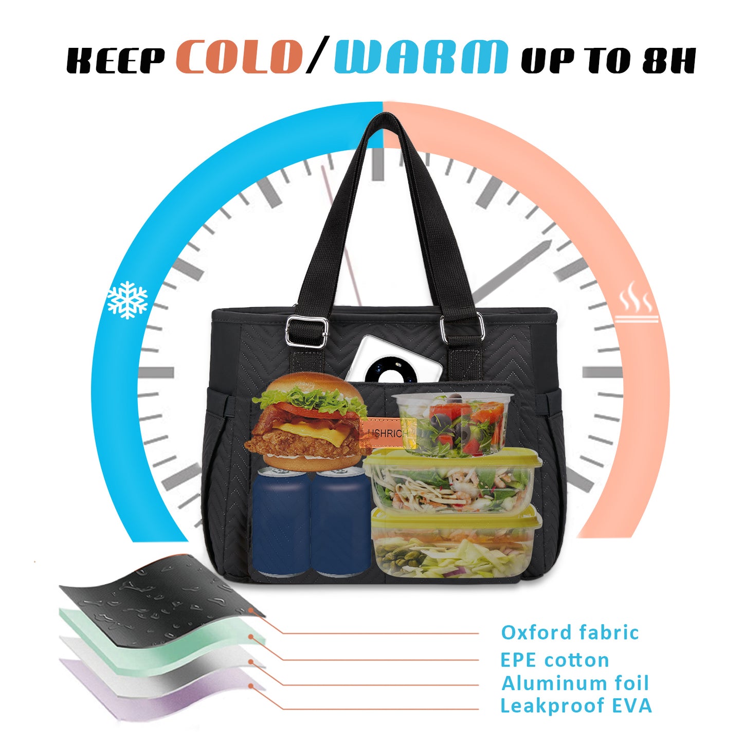 Holuxer Insulated Lunch Box for Women, 12L Lunch Totes Oxford Handbags, Leakproof Shoulder Bags, Fashion Tote Cooler Bag with Storage Front Pocket for Work Picnic, Black