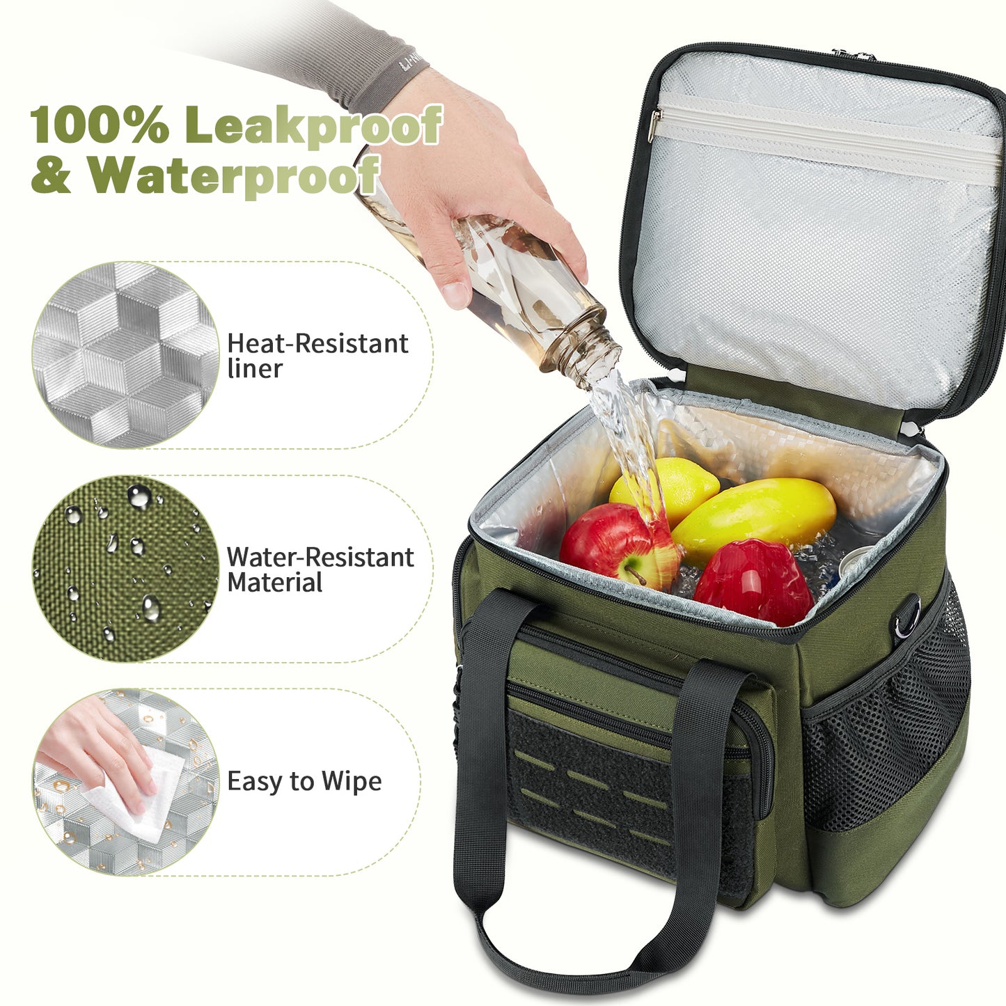 Holuxer Lunch Box for Men, 24 Can Double Deck Expandable Tactical Mens Lunch Bag for Work Travel Daytrip Picnic Camping, Large Capacity Cooler Bags with Adjustable Shoulder Strap, Green