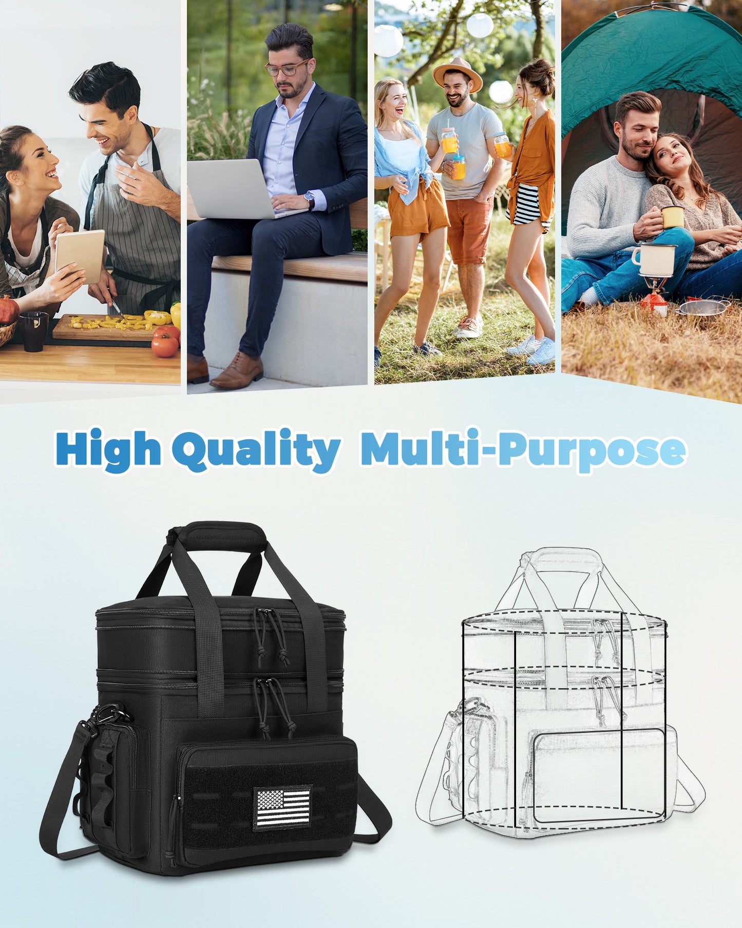 Holuxer Insulated Lunch Bag & Lunch Box for Men/Women - Double Deck Expandable Tactical Lunch Cooler Bags for Work - Soft Adult Lunchbox for Outdoor Beach Picnic Camping Travel (Black,16L)