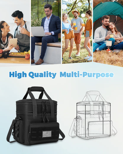 Holuxer Insulated Lunch Bag & Lunch Box for Men/Women - Double Deck Expandable Tactical Lunch Cooler Bags for Work - Soft Adult Lunchbox for Outdoor Beach Picnic Camping Travel (Black,16L)