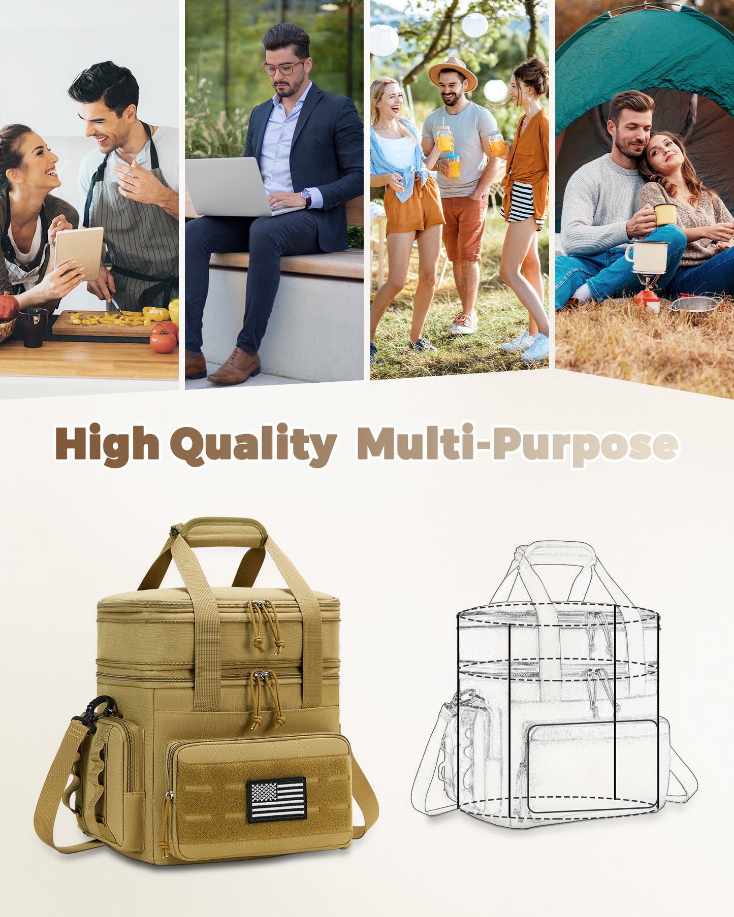 Holuxer Insulated Lunch Boxes for Men - Double Deck Lrage Lunch Bags for mens, Soft Adult Lunchbox for Work, Expandable Lunch Cooler Bag for Beach Picnic Camping Outdoor Travel (Brown,16L)