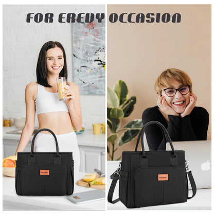 Holuxer Lunch Bags for Women, Insulated Lunch Box for Work, Large Leakproof Cooler Purse with Side Pockets & Removable Shoulder Strap Women's Lunch Tote Bag for Picnic Work Beach Lunch Bags, Black