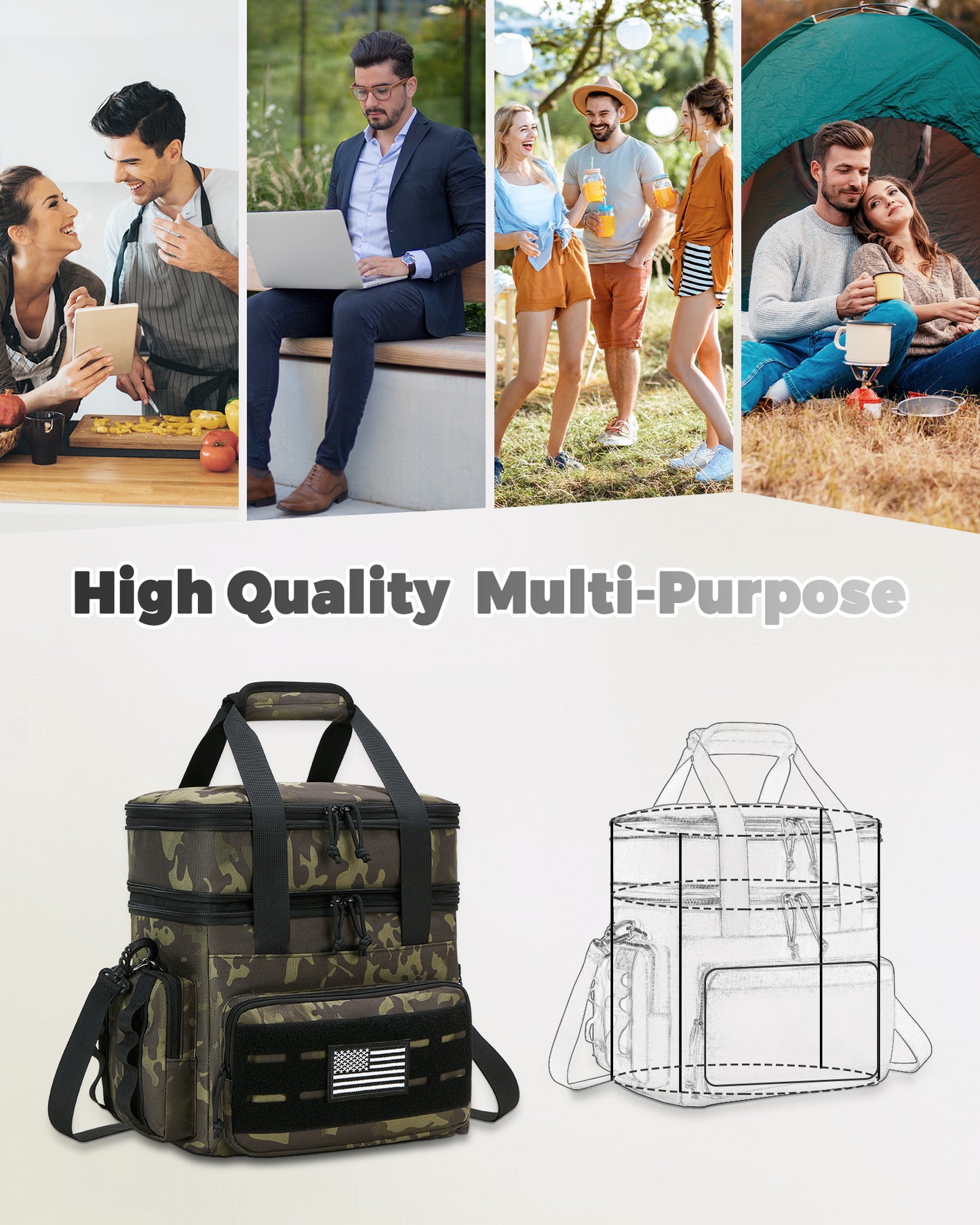 Holuxer Tactical Lunch Bag & Lunch Box for Men - Large Double Deck Insulated Adult Lunchbox for Work - Soft Expandable Lunch Cooler Bag for Beach Picnic Camping Outdoor Travel (Camo,16L)