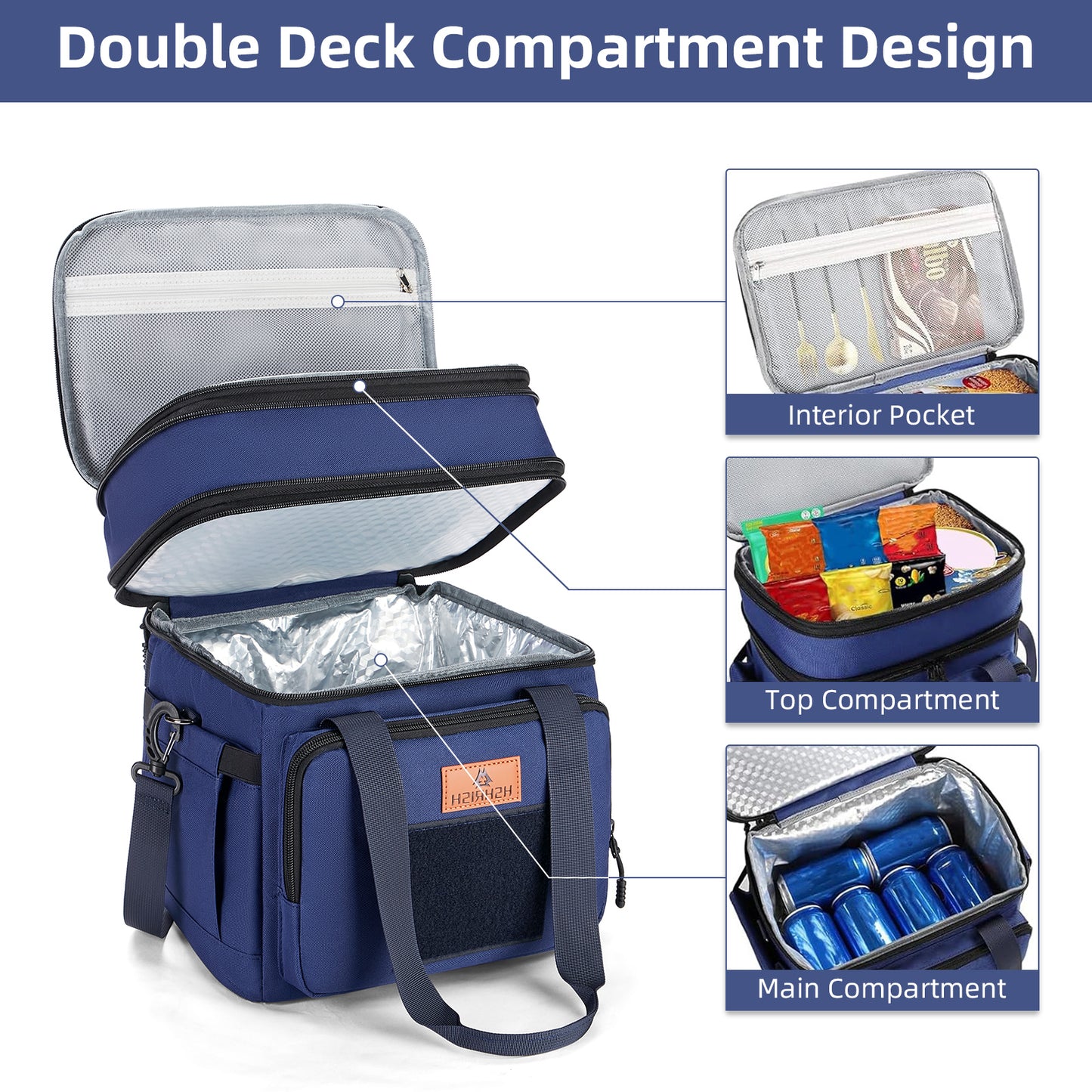 Holuxer Double Deck Tactical Lunch Bags, Large Expandable Insulated Lunch Box, Durable Waterproof Leakproof Cooler Bag for Adults/Men/Women/Work Outdoor Beach Trips, 20 Cans/15 L, Blue